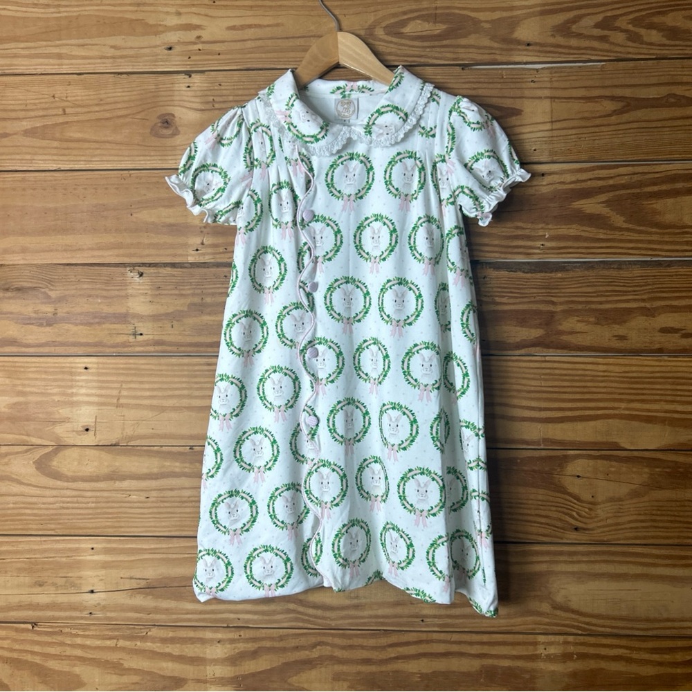 White Girls' Dress with Pink Ribbon & Green Wreath Print